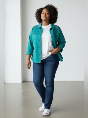 CJ Banks Turquoise Embellished Button-Front Women’s Lightweight Denim Jacket